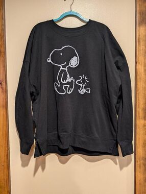 Peanuts Snoopy Woodstock Sweatshirt Womens XL Oversized Black Graphic Crewneck